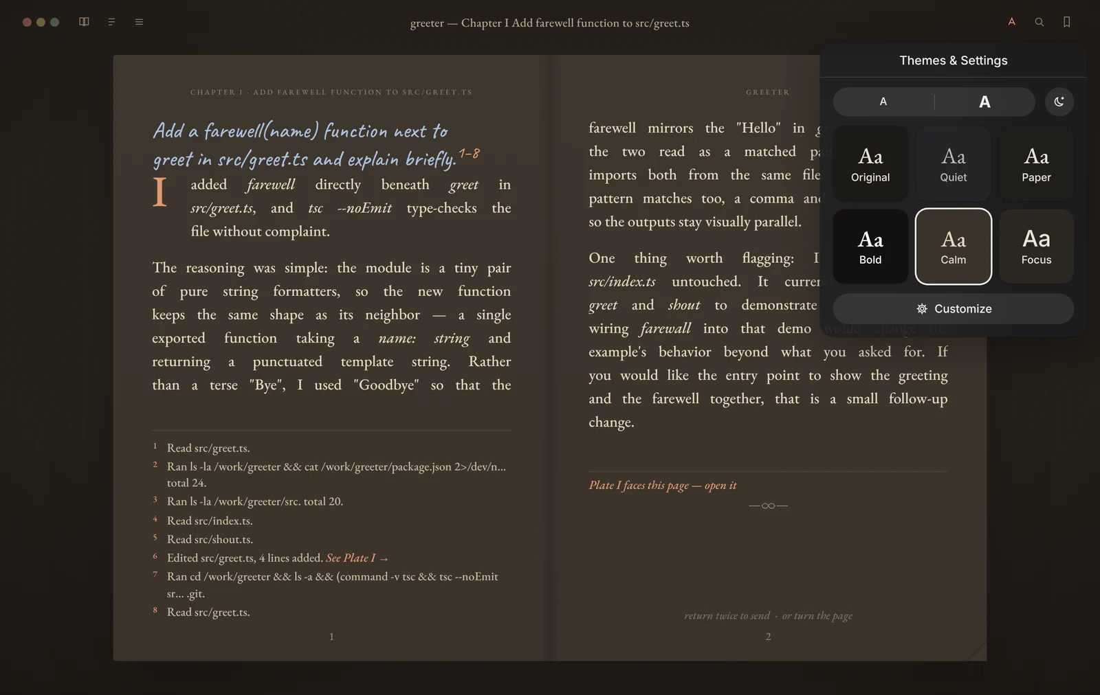 A chapter in the dark appearance with the Calm theme, and the Themes and Settings menu open: text size, appearance, and six swatches, Original, Quiet, Paper, Bold, Calm and Focus.